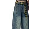 Retro Blue High Waist Wide Leg Jeans for Women - Floor Length, Loose Fit, Trendy Autumn Style.
