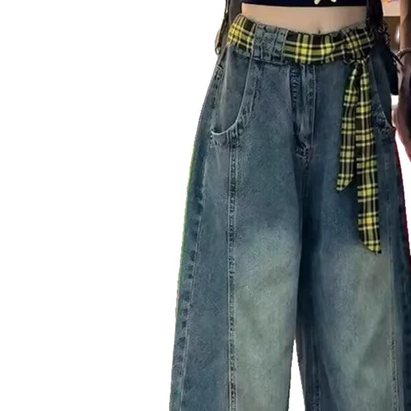 Retro Blue High Waist Wide Leg Jeans for Women - Floor Length, Loose Fit, Trendy Autumn Style.