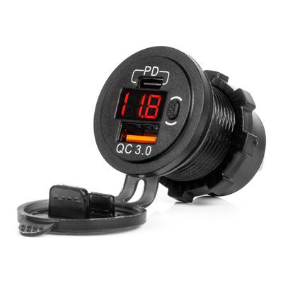 Car Charger with USB Sockets and Voltage Tester, Waterproof, with USB Switch + USB C QC3.0 12/24V AMIO-04222