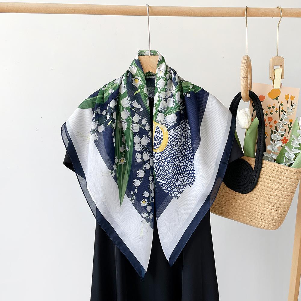 Spring and Summer Popular Small Silk Scarf Women's Versatile 91 × 91cm Imitation Silk Large Square Scarf Fashion High-end Thin Scarf Yarn Women