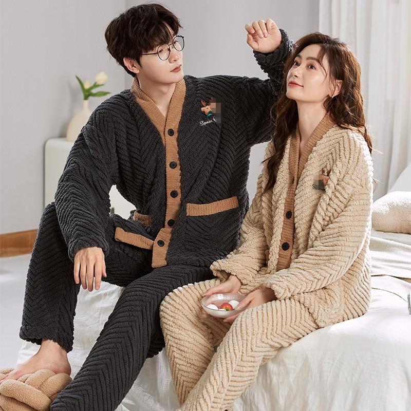Thick Coral Fleece Jacquard Couple Cardigan Pajamas