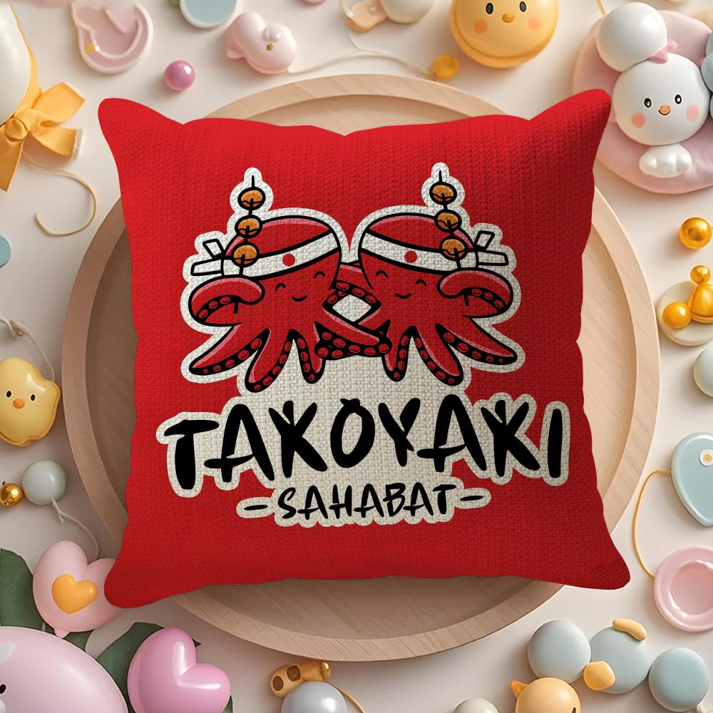 Cartoon Japanese Takoyaki Food Pillow Case Pattern Printed Pillowcase for Living Room Sofa Cushion Cover  Bedroom Decor