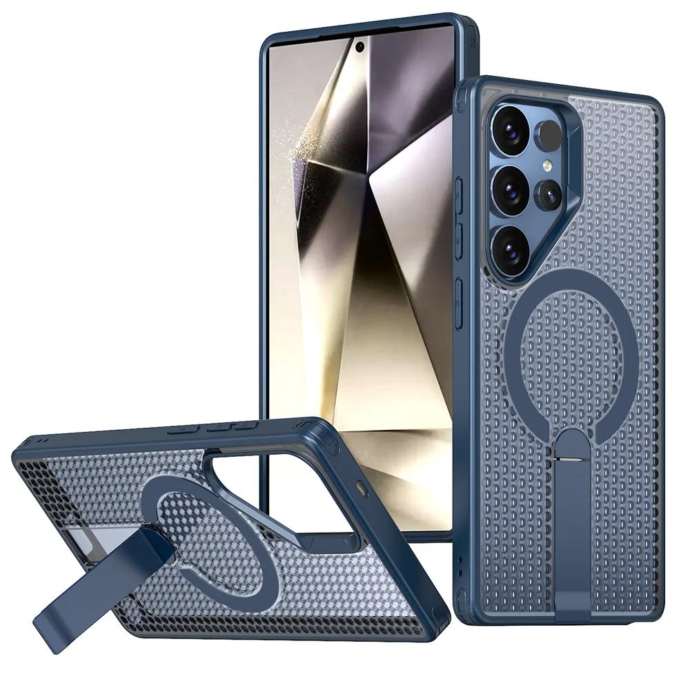 

Чехол для Samsung Galaxy S25 Edge S24 S23 S22 Ultra Plus Дышащий с теплоотводом С держателем Магнитная крышка для беспроводной зарядки For Galaxy S22 Ultra темно-синий