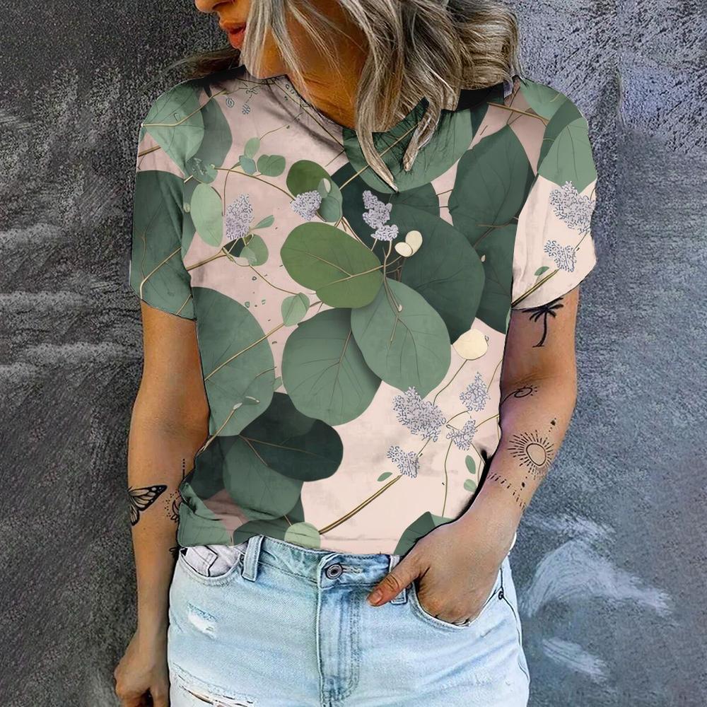 

Fashion New Casual Comfort O-Neck T-shirt Summer Breathable Loose High Quality T-shirt 2024 Leaf Pattern Printed Women s T-shirt XS