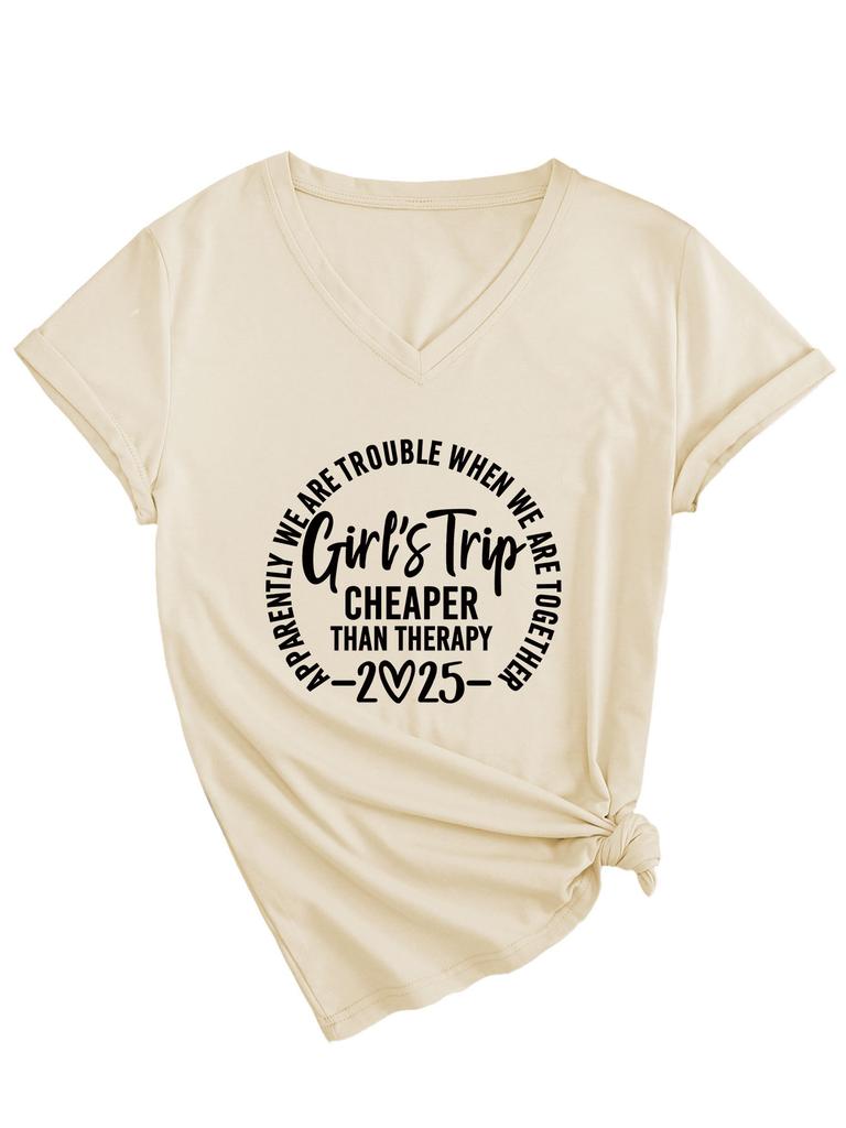 Inspirational Text Printed Top Loose Casual Simple V-neck Short Sleeved Women's T-shirts