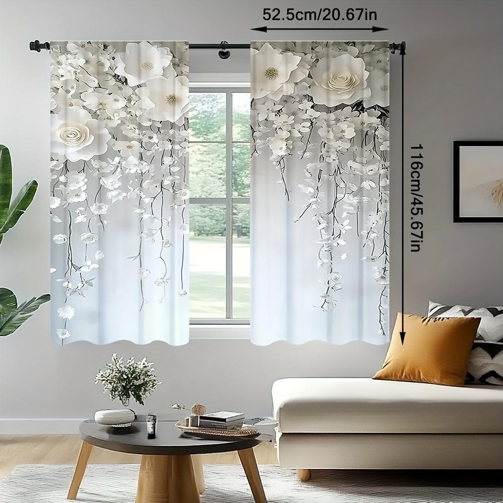 2pcs Elegant White Floral Print Curtains – Rod Pocket Design   Ideal for Living Room Bedroom Office Caf and Vacation Home Decor