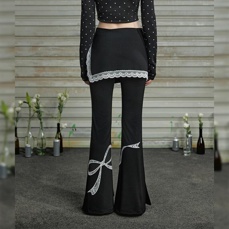 UNIFREE Women's Black Ballet Lace High-Waist Wide-Leg Lounge Pants