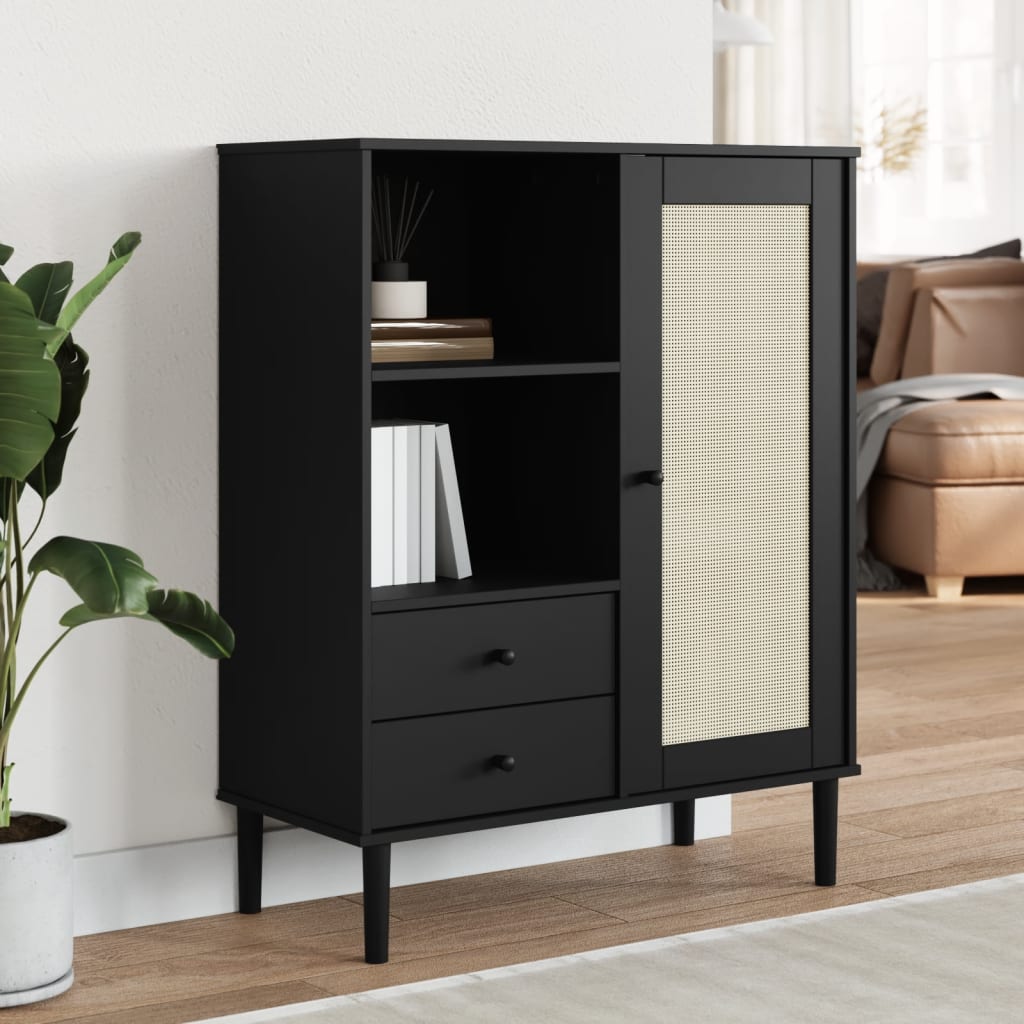 Highboard SENJA Rattan Style Black 90x40x112 Cm Pine Wood