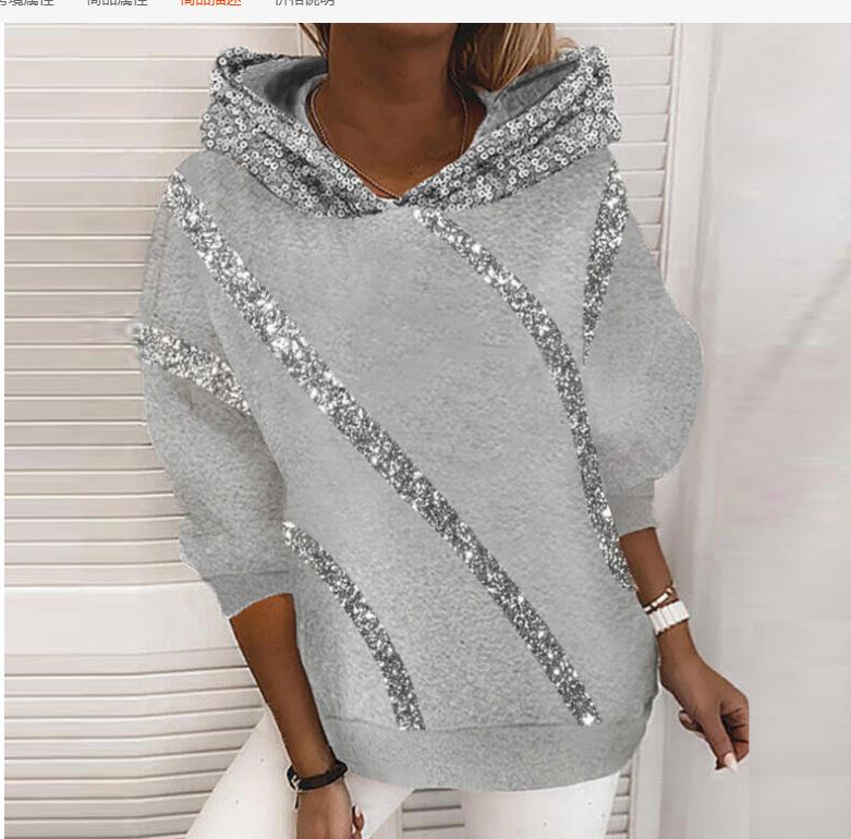 Glitter Printed Loose Hooded Sweatshirt for Women