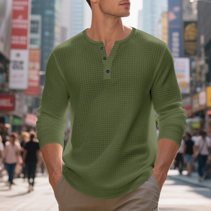 Men's Jacquard Small Square Buckle Henley Long Sleeve Retro Base T-shirt