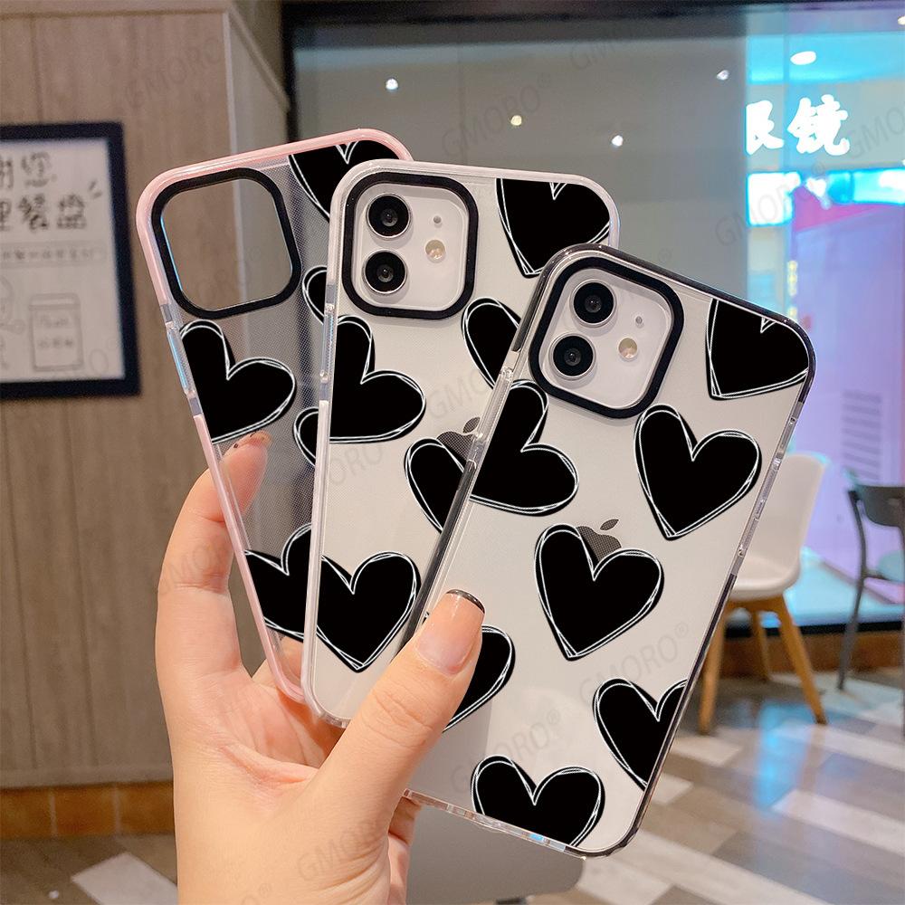 Ins Internet Celebrity Same iPhone13 Simple Black Love Mobile Phone Case Apple 16Pro Two-color Transparent Soft Case 17