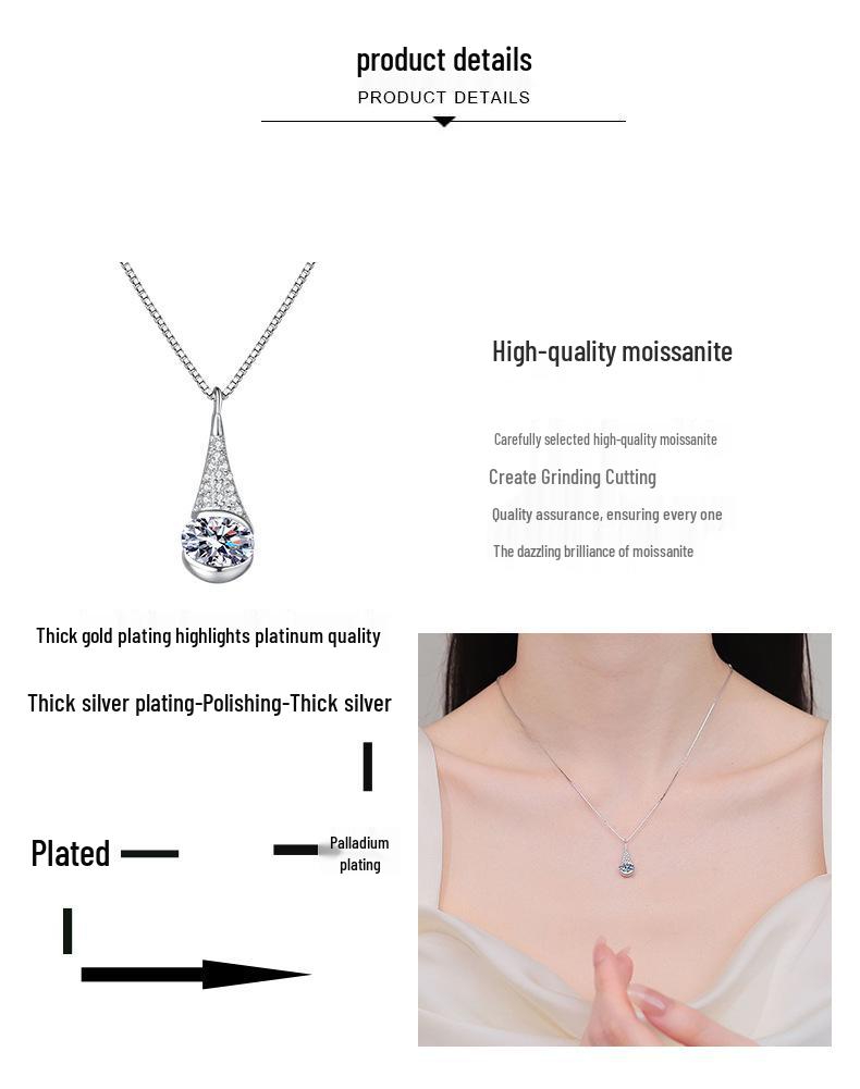 Yinbaichuan S925 Sterling Silver Moissanite Oval Water Drop Necklace for Women - Simple, Trendy Pendant on Box Chain