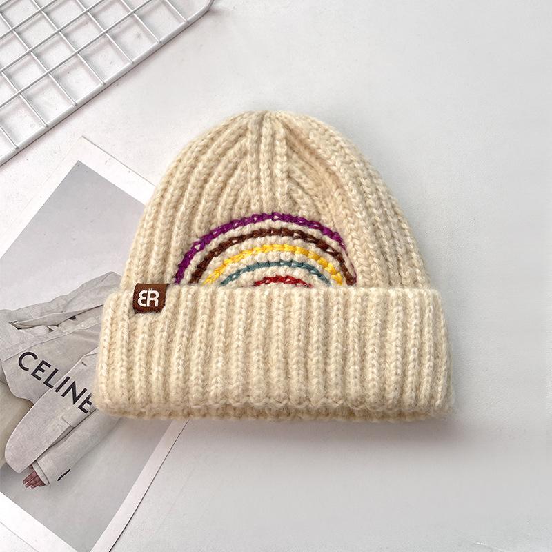 

Warm and Ear protecting Woolen Hat New Creative Rainbow Pullover Hat Large Head Circumference Face Showing Small Knitted Hat 54-62cm