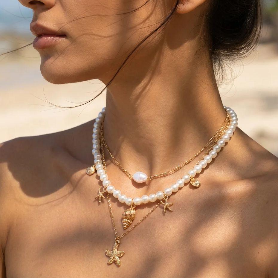 Boho Shell Starfish Shape Pendant Necklace for Women Elegant Imitation Pearl Layered Chain Necklace Trendy Summer Beach Jewelry