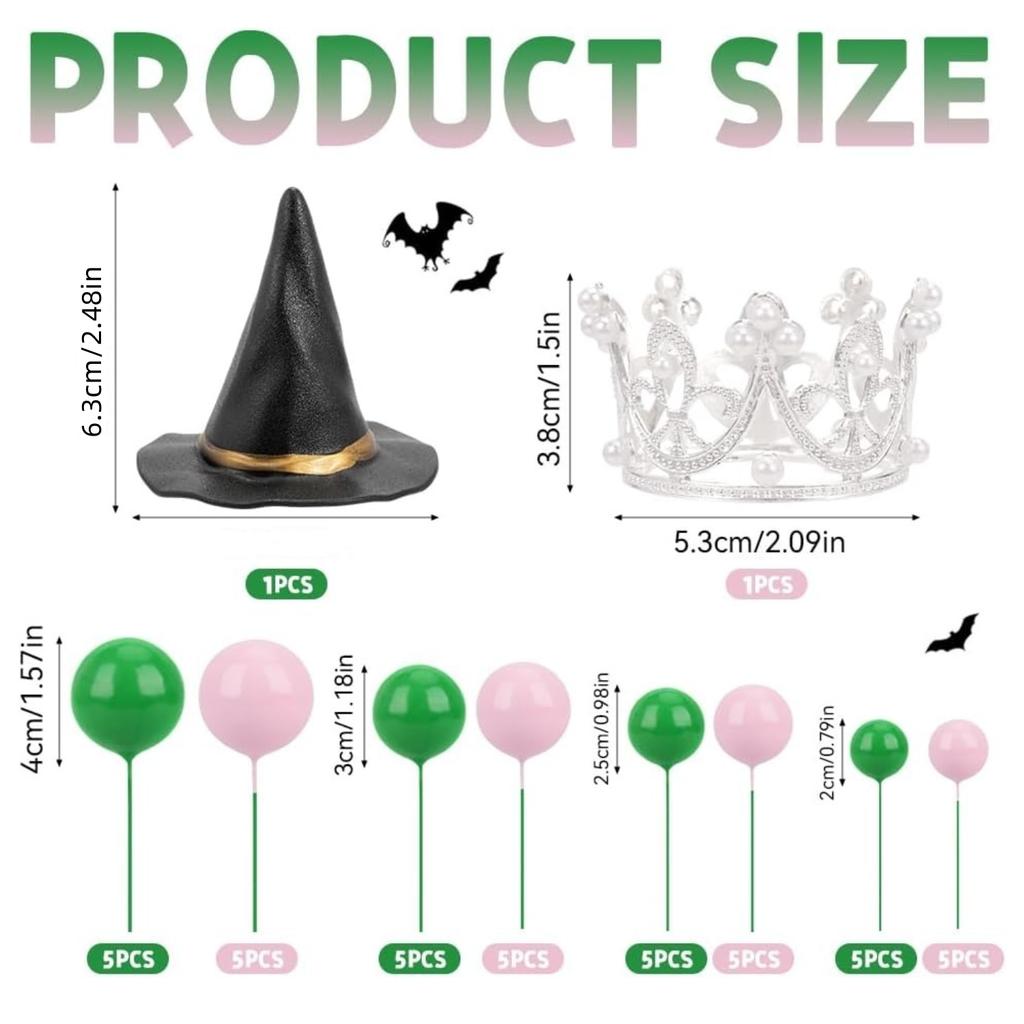 Green and Pink Balls Cake Topper, Silver Crown and Witch Hat Cupcake Topper Decoration for Birthday's Party Decorations