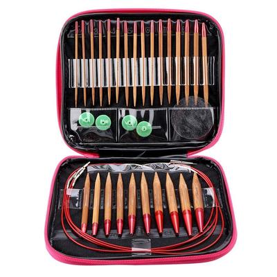 Qiilu Interchangeable Bamboo Circular Knitting Needle Set with Rings, Carbonized Bamboo, DIY Craft Supplies, Making Tools, Handmade Materials, with PU