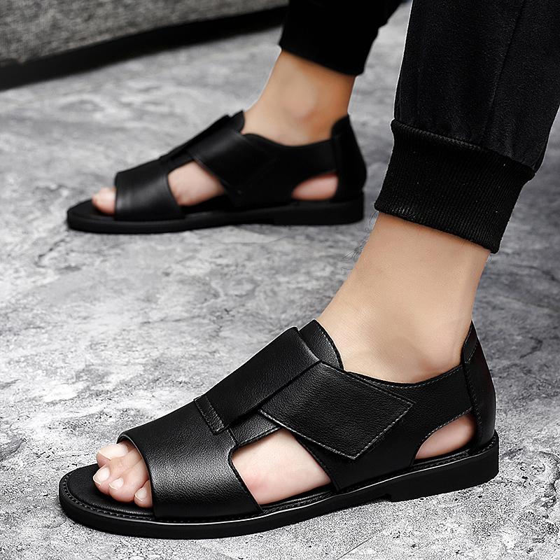 Sommer Herren Echtes Leder Römische Sandalen Koreanische Version Britische Ledersandale Lässig Rutschfest Strand Hausschuhe Luxus Freizeitschuh