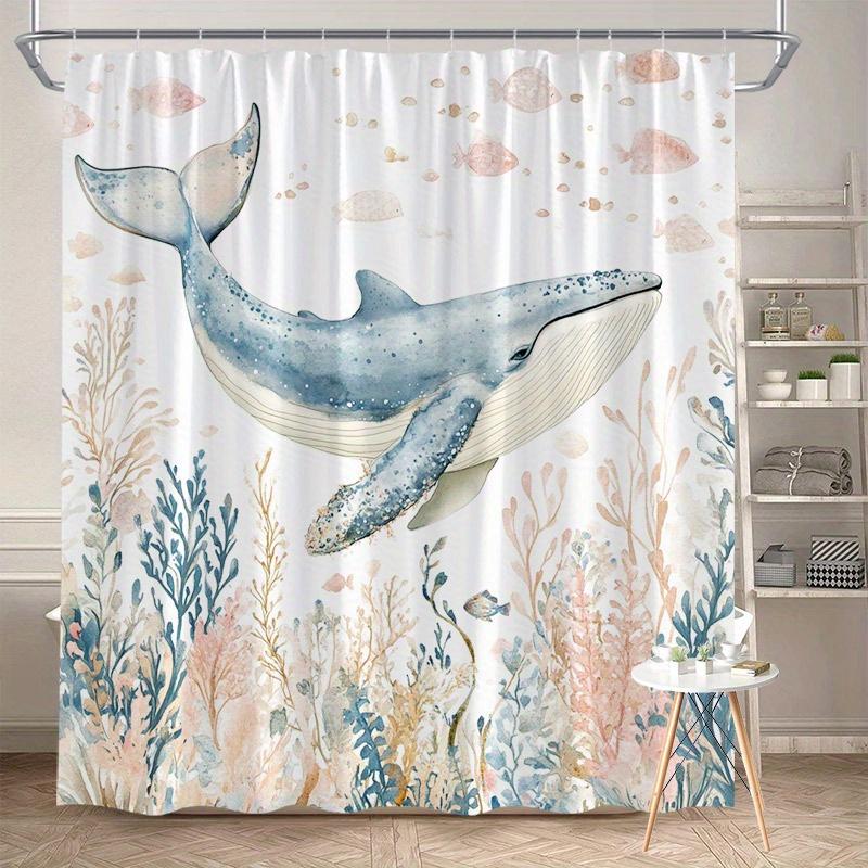 

Whale in Coral Reef Shower Curtain – Serene Watercolor Scene with Pink Coral & Fish, 70x70 Polyester with Hooks W90xH180cm