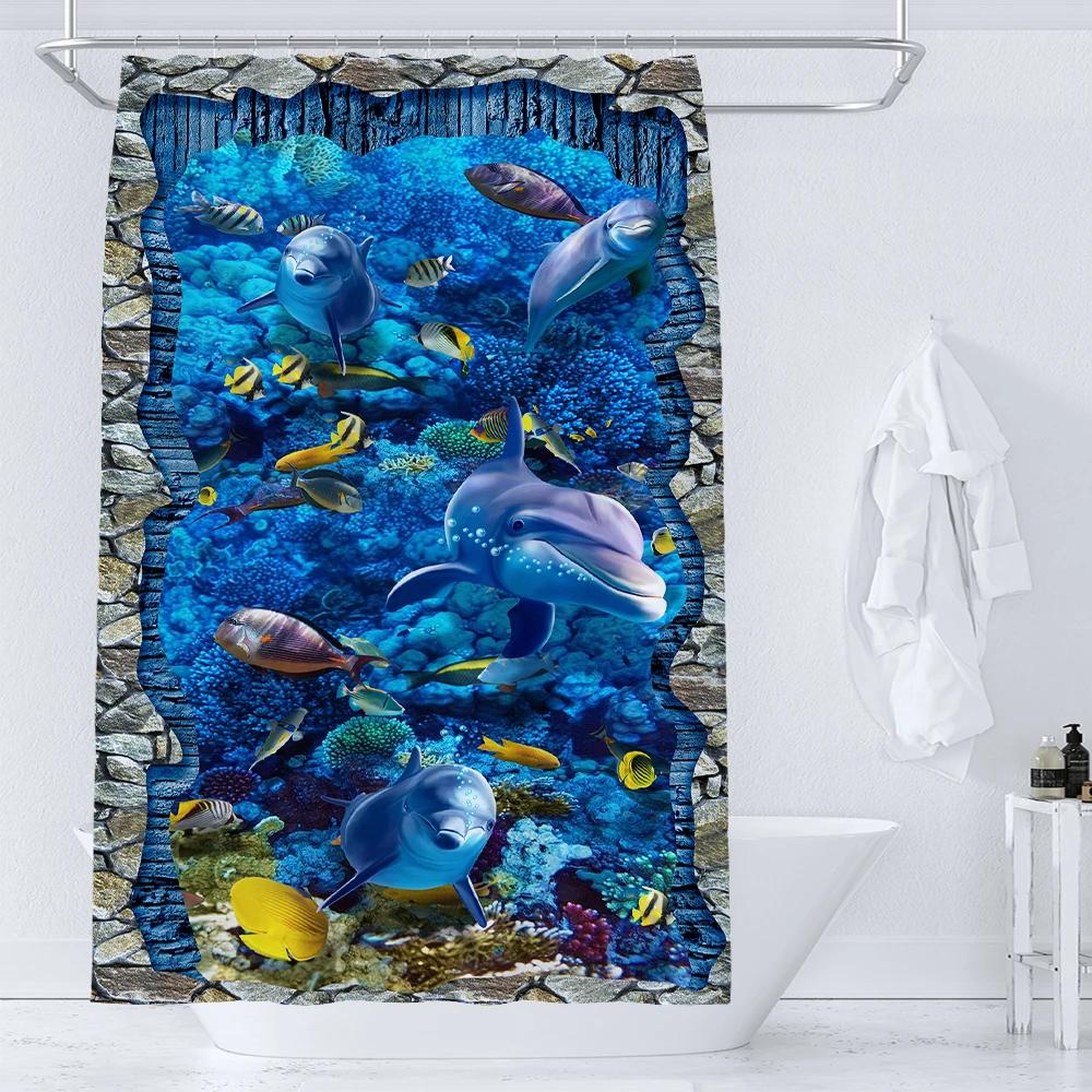 Ocean Underwater World Shower Curtain Dolphin Turtle Cute Creative Personality Print Polyester Bathroom Curtain Decor With Hooks