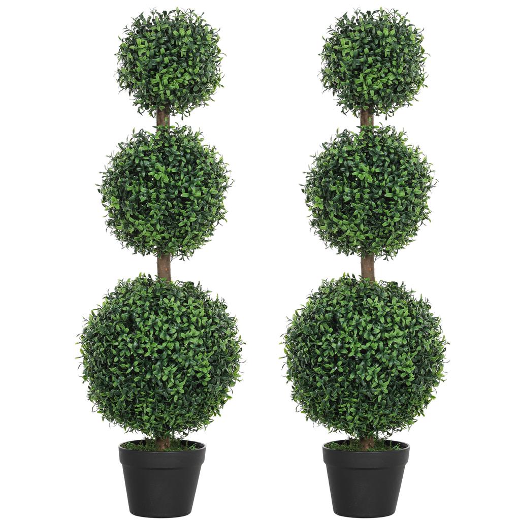 Conjunto de 2 árvores artificiais 101,6 cm 3 bolas topiárias de buxo planta falsa verde PE com vaso interior e exterior
