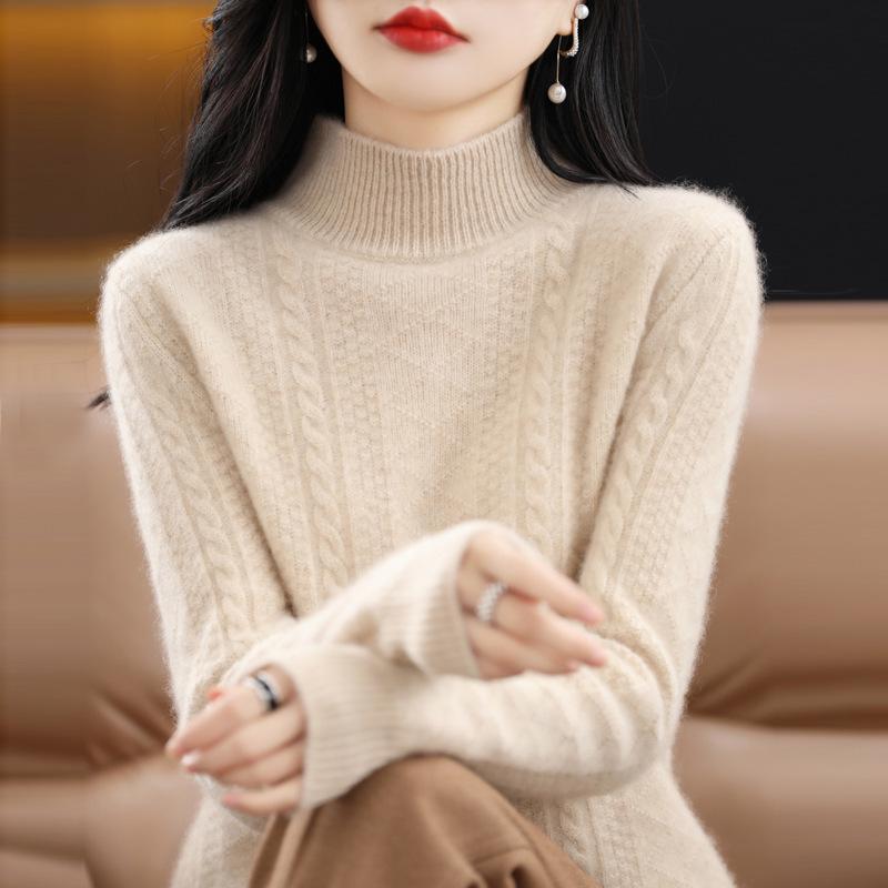 Women's Cable Knit Wool Sweater: Autumn/Winter Warm, Skin-Friendly, Half-High Collar, Seven-Needle Knit.
