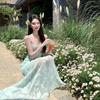 Lace Splicing Waist Thin Suspender Dress Summer Seaside Vacation Long Skirt