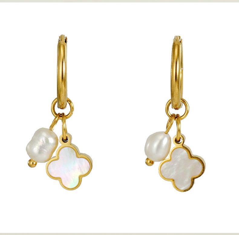 18K Gold-Plated Stainless Steel Clover Pearl Earrings - European & American Fashion for Women