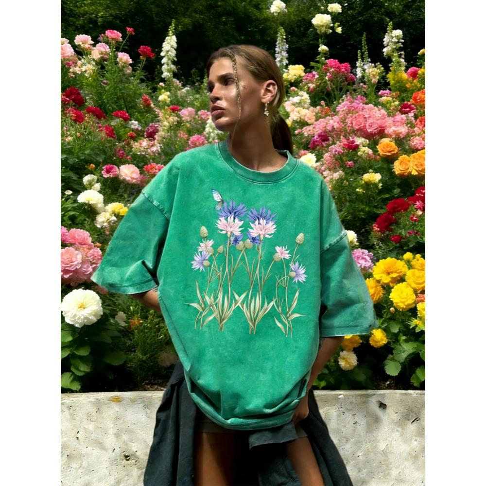 T-shirt Lavé pour Femme Imprimé Papillon Bleuet Artistique Été Ample T-shirt à Col Rond Vêtements en Coton