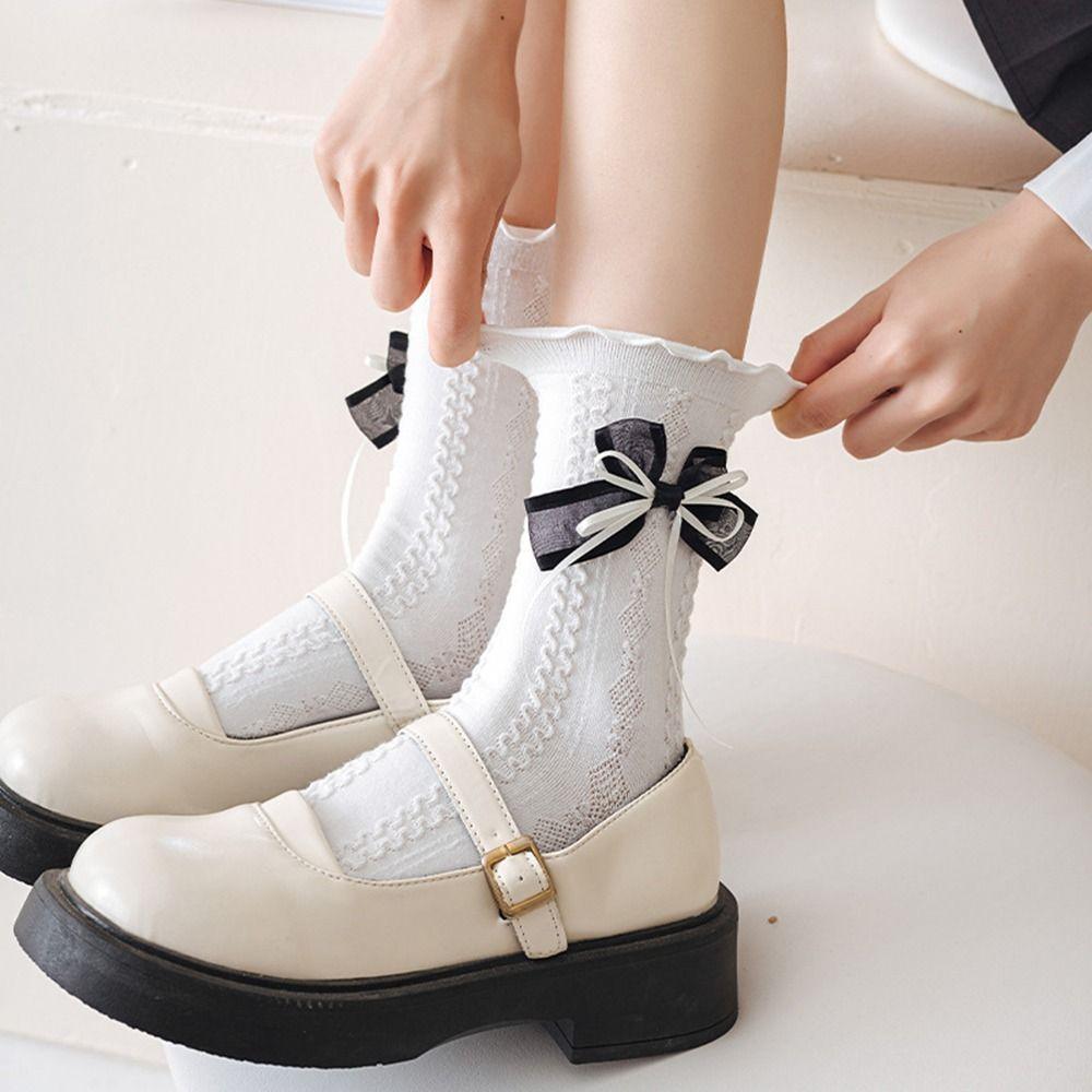 

Cute Dress Double Bow For Women For Girls Female Hosiery Ruffle Socks Middle Tube Socks Bow Socks бежевый
