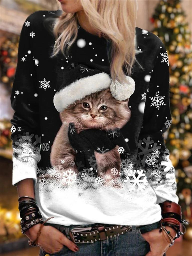 3D Print Women's Christmas Cutecat Print Hoodie Festive Pullover Sweatshirt Long Sleeve Casual Wear Fall Winter Holiday Style