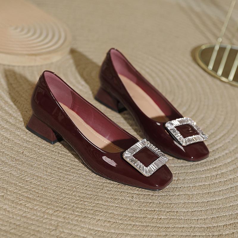 Square head high heels women's 2025 spring new rhinestone square buckle low heel red wedding shoes French light mouth single shoes thick heel