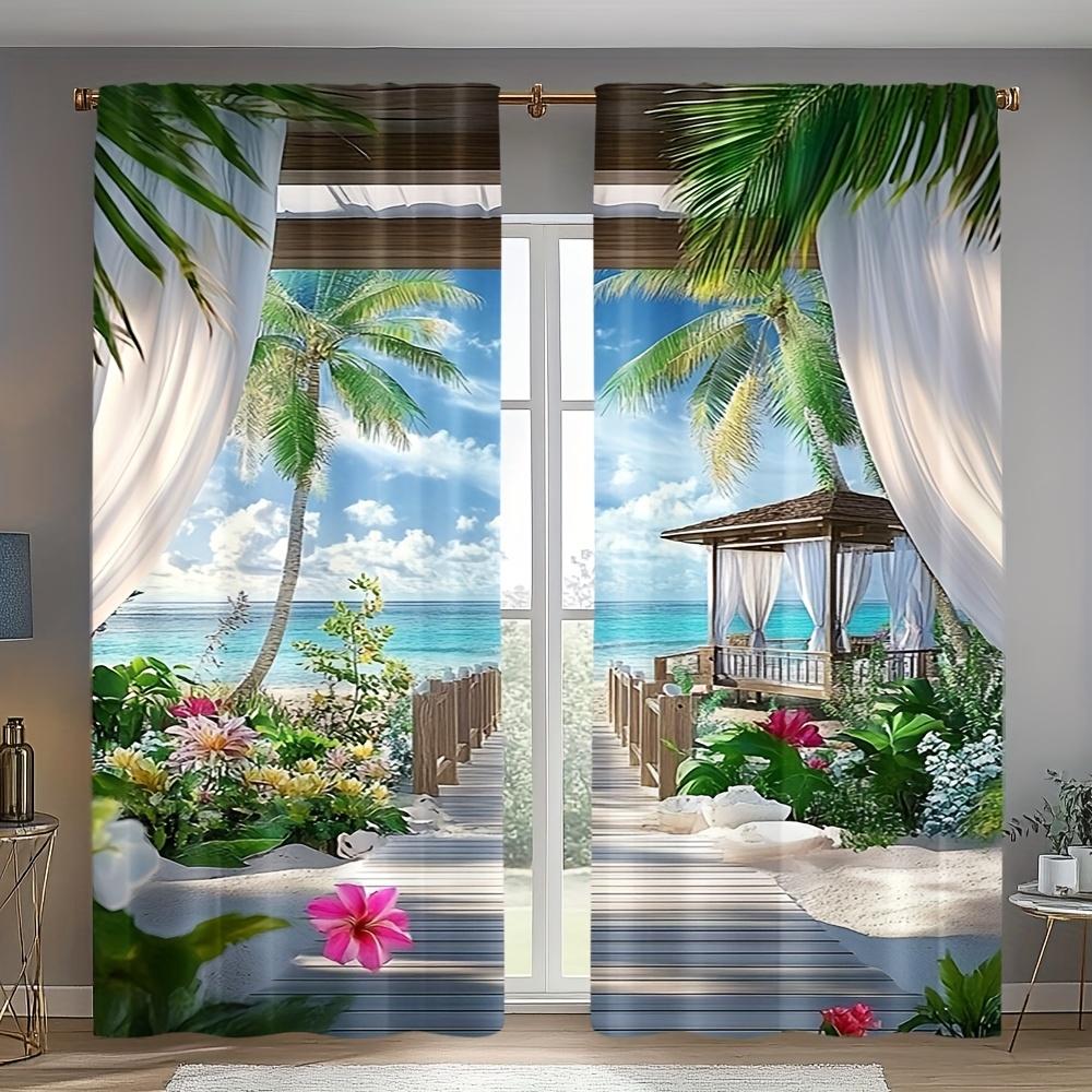 2PCS Tropical Beach Blackout Curtains   Seaside View Polyester Drapes for Living Room   Bedroom   Office - Modern Coastal Decor