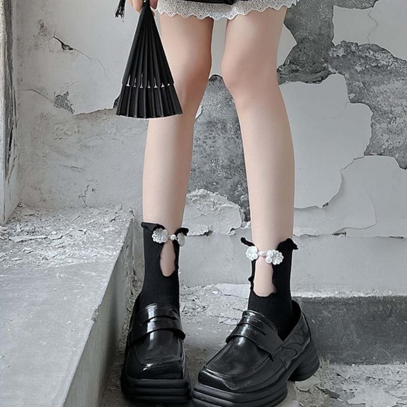 Women Crew Socks Ruffle Ankle Socks Japanese Style Sweet Bows Socks Frilly Cheongsam Knee High Socks Y2K Streetwear