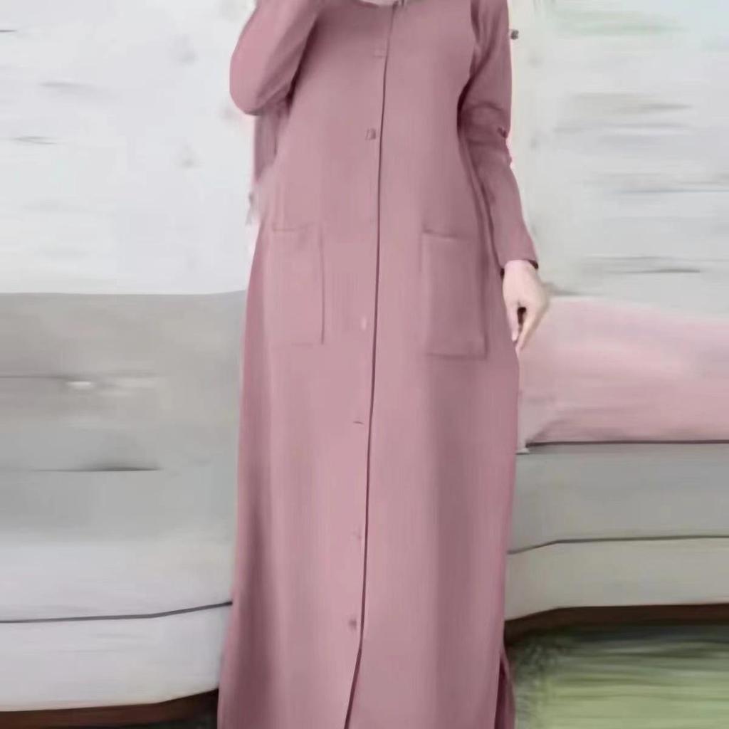Middle East Muslim Solid Color Long Sleeve Loose Fit Round Neck Shirt Dress