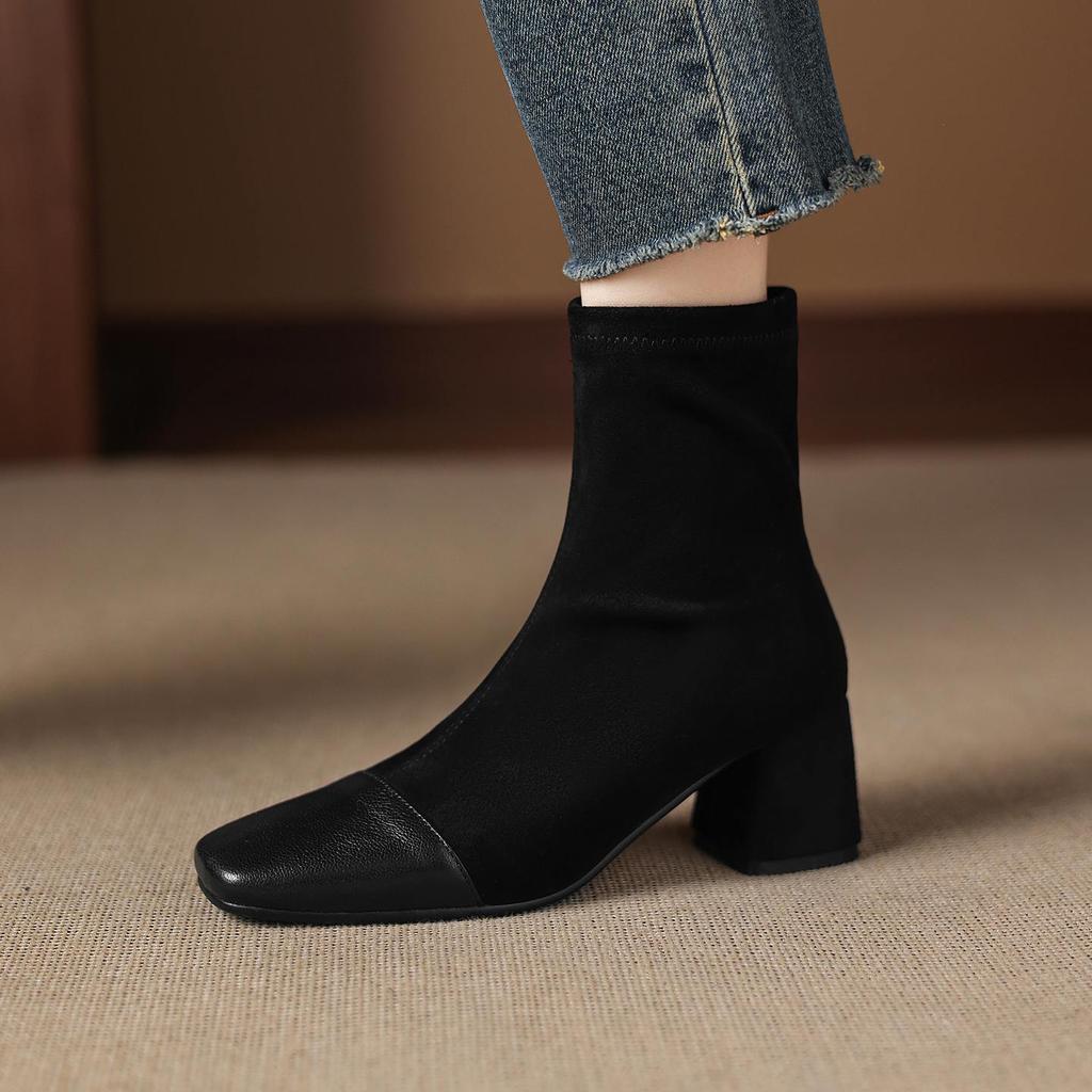 Krazing Pot Microfiber Winter Round Toe Western Boots Thick High Heels Zipper Women Flock Patch Work Ankle Boots