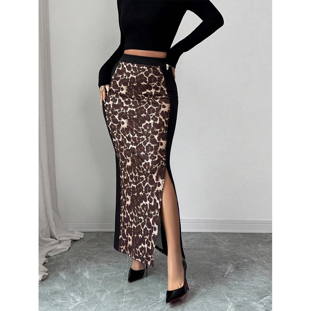 Женская сетчатая макси-юбка с леопардовым принтом, сексуальный боковой разрез, облегающая, повседневная, длинная S