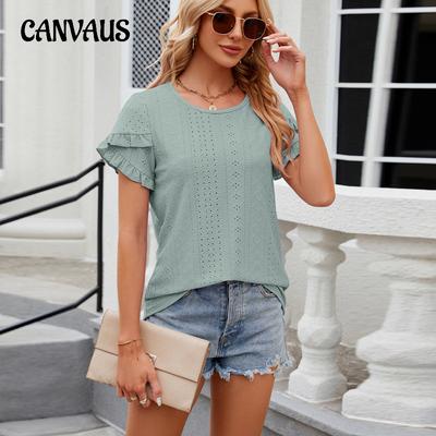 Sommar dam T-shirt Diamond Texture volang kortärmad rund hals enfärgad T-shirt