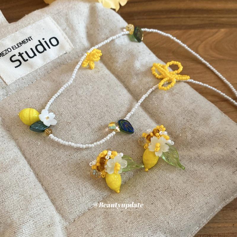 Seaside Vacation Style Crystal Lemon Necklace Earrings Small Fresh and Sweet Jewelry Set Design Sense Niche Jewelry Women