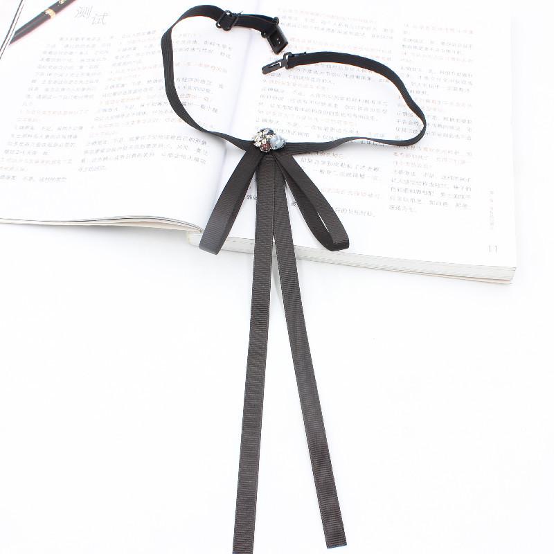Women s Black Slim Long Ribbon Bow Tie Shirt with Decorative Flower