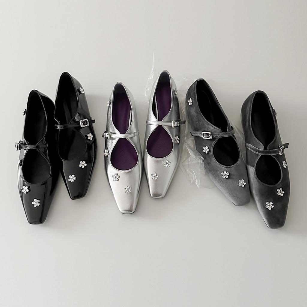 Schafslederversion~ Französische Strassblume Innenhöhenerhöhung kleiner quadratischer Kopf leichter Mund einzelne Schuhe Damenwort mit silbernen Mary Jane Schuhen