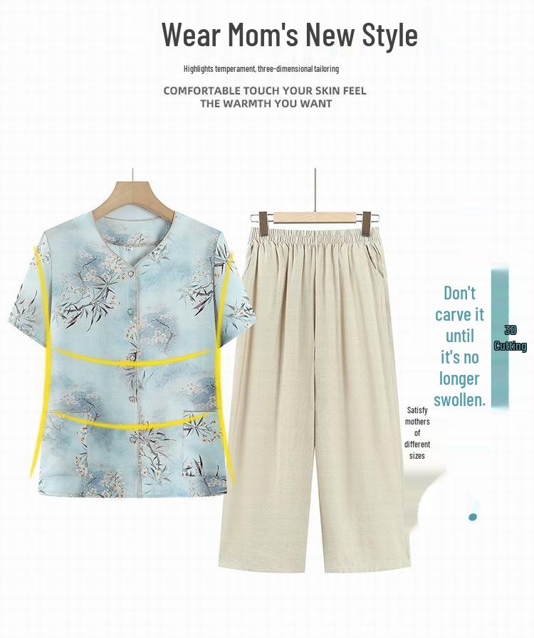 Stylish Two-Piece Summer Top for Middle-aged & Elderly Women - Short-Sleeve Shirt Set for Moms & Grandmas