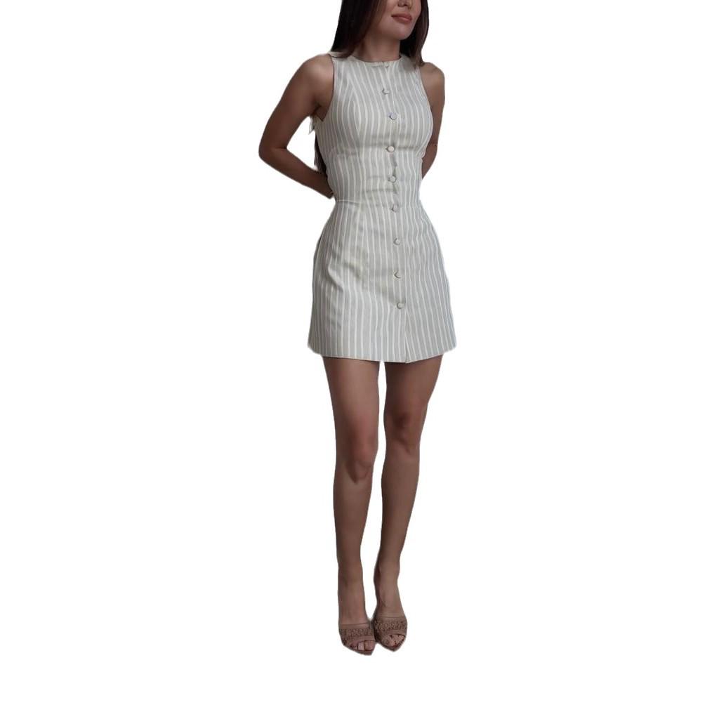 In Stock: 2025 Summer Women's Solid Color Button Tie Waist Short Skirt Dress