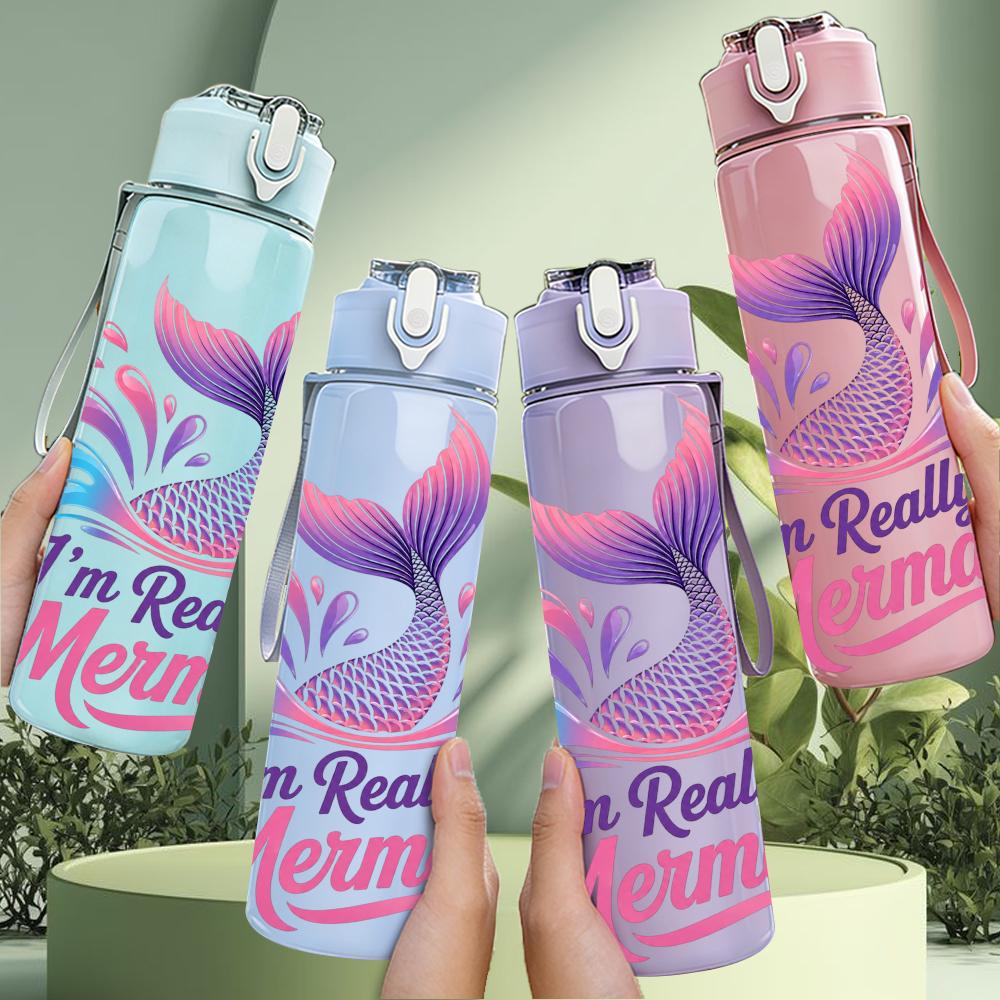 1PC Colorful Mermaid Quote 750ml Color Plastic Sports Water Bottle Leakproof Flip Straw Lid Suitable for Sports Office Home Use