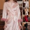 Nachthemd für Damen, Kunstpelzbesatz, verstellbare Taille, Krawatte, Satin, V-Ausschnitt, Kunstseide, einfarbig, Nachtwäsche für Partys, Hochzeiten, Braut, Brautjungfer, Morgenmantel