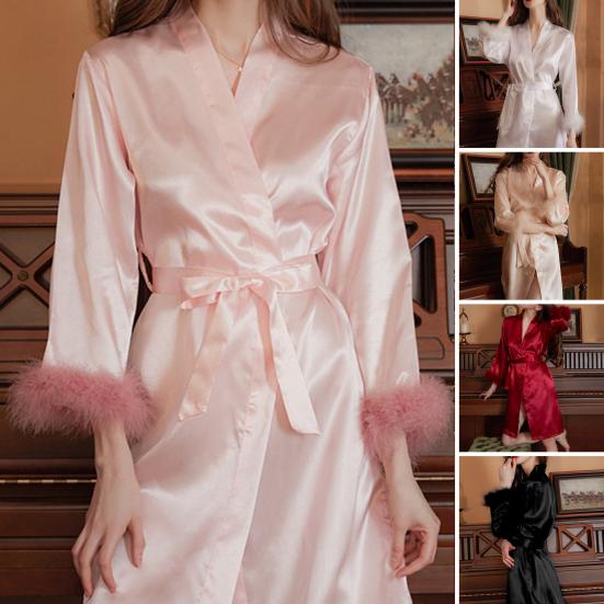 Nachthemd für Damen, Kunstpelzbesatz, verstellbare Taille, Krawatte, Satin, V-Ausschnitt, Kunstseide, einfarbig, Nachtwäsche für Partys, Hochzeiten, Braut, Brautjungfer, Morgenmantel