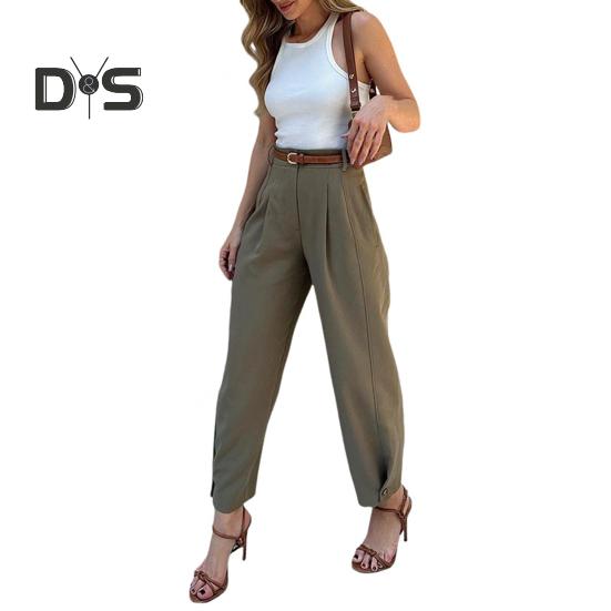 Women Suit Pants High Waist Buttons Zipper Fly Loose-Fit Solid Color Trousers with Pockets Commuting Style Long Pants