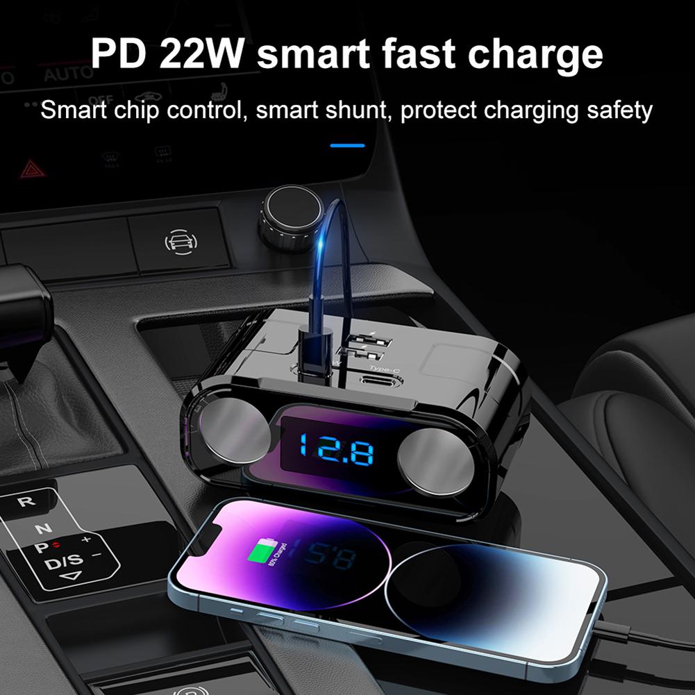 QC3.0 USB-Autoladegerät 2 Typ-C + 2 USB Blaue LED-Digitalanzeige 22 W DC 12 V-24 V Dual-USB-Netzteil Auto-Zigarettenanzünderbuchse