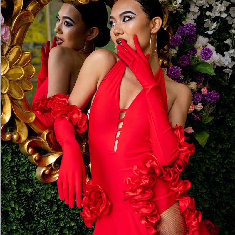 

Satin Elastic Long Etiquette Gloves Elegant Pink Fairy Flower Ruffle Bridal Wedding Dress Gloves Ladies Prom Party Accessories