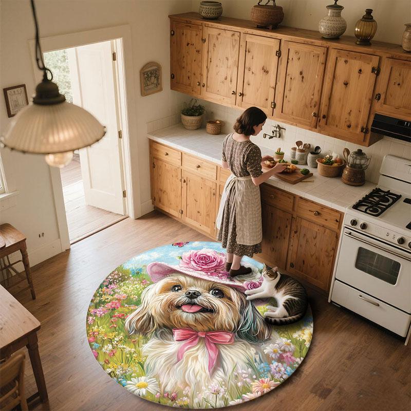 Shih Tzu & Flowers Pattern Round rug,Carpet Rug for Living Room Bedroom Playroom ,Non-slip Floor Mat,Holiday Gifts and Birthday Gifts.