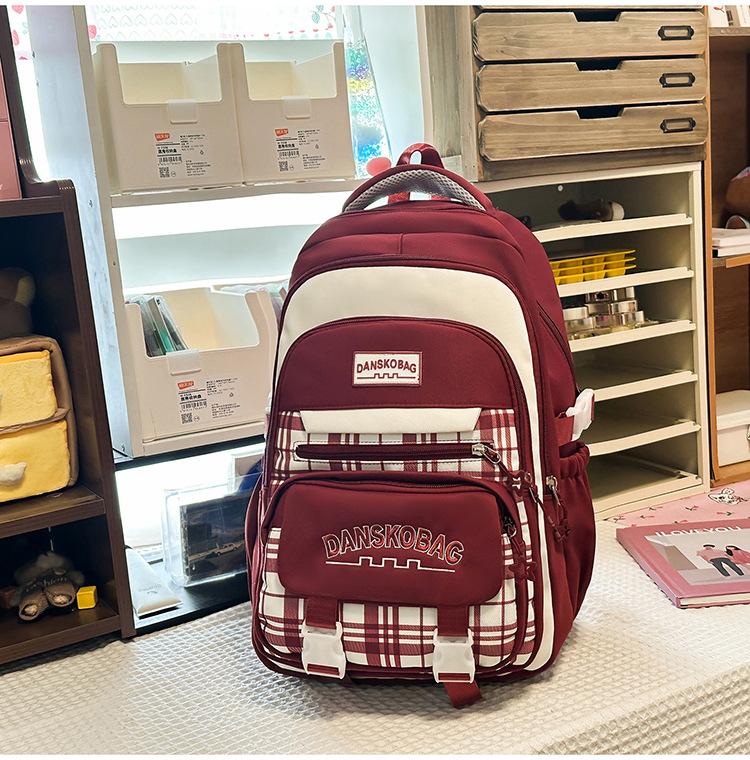 Schoolbag Contrasting Color Retro Niche Plaid Junior High School Student Schoolbag Female High School Student Large Capacity Versatile Backpack Travel
